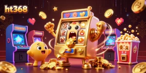 Experience the thrilling jackpot at ht368 with a lively golden slot machine celebrating wins amidst colorful casino elements.