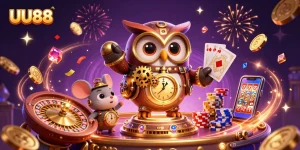 Experience thrilling gameplay with UU88 at a dynamic 3D casino illustration showcasing poker, roulette, and slots.