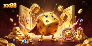 Experience the thrill of gaming at xx88 with dynamic scenes of golden dice and treasure vaults.
