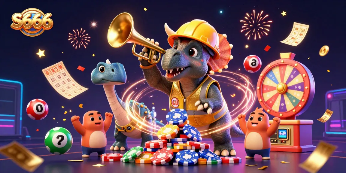 S666 engages players with celebratory casino-themed characters and lottery elements in a vibrant scene.