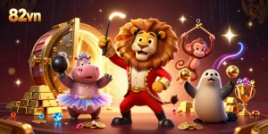 Engage in thrilling play at 82vn, featuring vibrant characters and sparkling treasures in a casino setting.