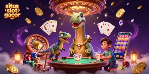 Engage in thrilling games of situs slot gacor with iconic dinosaurs and vibrant casino elements.