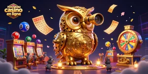 Visualisez un nouveau casino en ligne animé avec un hibou d'or bienveillant et des souris jouant entre les machines à sous.