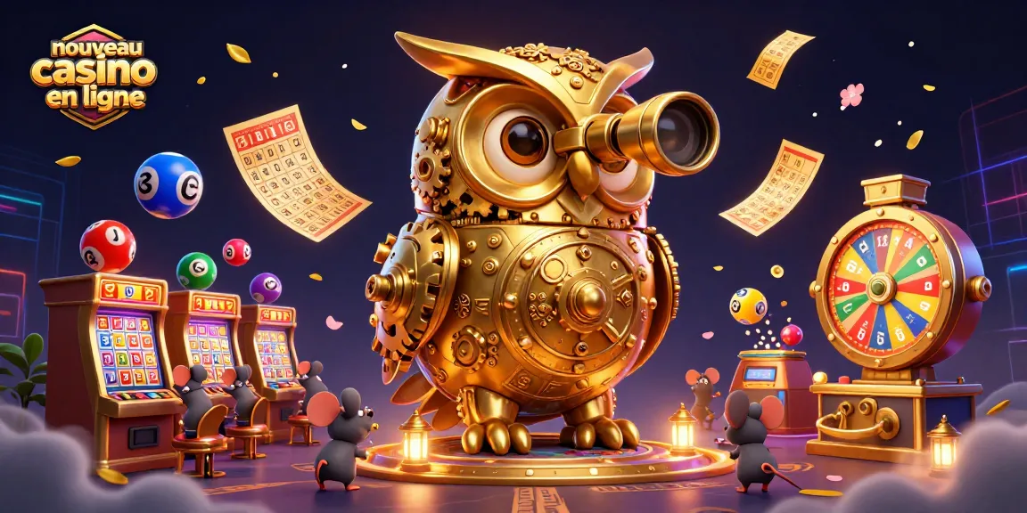 Visualisez un nouveau casino en ligne animé avec un hibou d'or bienveillant et des souris jouant entre les machines à sous.