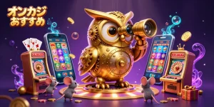 オンラインカジノおすすめのキャラクターたちが賑やかな場面でスロットゲームを楽しんでいるイラスト