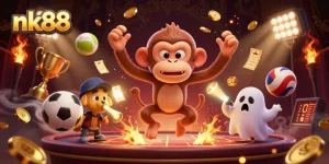 Betting on nk88 in a dynamic haunted casino scene with a mischievous monkey and curious puppy.