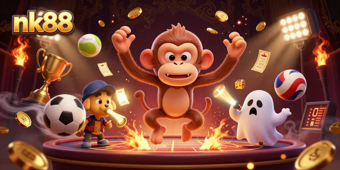 Betting on nk88 in a dynamic haunted casino scene with a mischievous monkey and curious puppy.