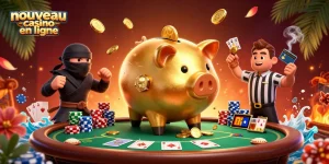 Découvrez le nouveau casino en ligne avec l'illustration d'un sumo en or et des éléments de poker.