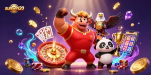 Experience thrilling gameplay with sunwin20, featuring charismatic gambling mascots and vibrant casino elements.