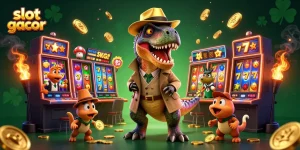 Experience the fun of slot gacor with vibrant characters in a bustling casino scene featuring thrilling slot machines.