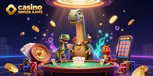 Gioca nei casino senza AAMS mentre un brontosauro osserva dall'alto con un raptor che distribuisce carte.