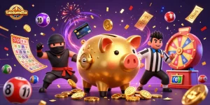 Experience excitement with taixiumd5a's golden piggy bank sumo wrestler amidst a vibrant gaming scene.