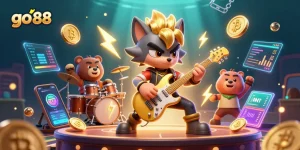 Engage with go 88 gameplay featuring a rock star wolf and drummer bear amidst dynamic casino visuals