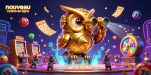 Visualisez un nouveau casino en ligne avec une chouette dorée et des éléments de loterie dynamiques.