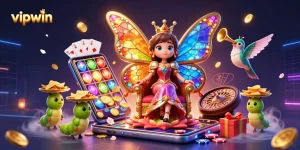 Engage with the vibrant vipwin illustration showcasing a 3D cartoon butterfly queen amidst a lively casino atmosphere.