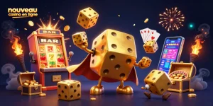 Jouer au nouveau casino en ligne avec un golem de dés dorés entouré de jackpots et de symboles emblématiques.