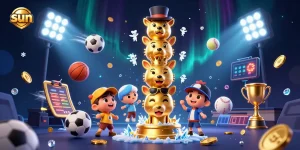 Engage with sun-themed casino excitement featuring a vibrant 3D totem and dynamic sports elements.
