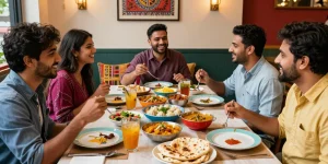 Friends enjoying rokok88's authentic Indian curry and Nepalese momo in a vibrant restaurant.