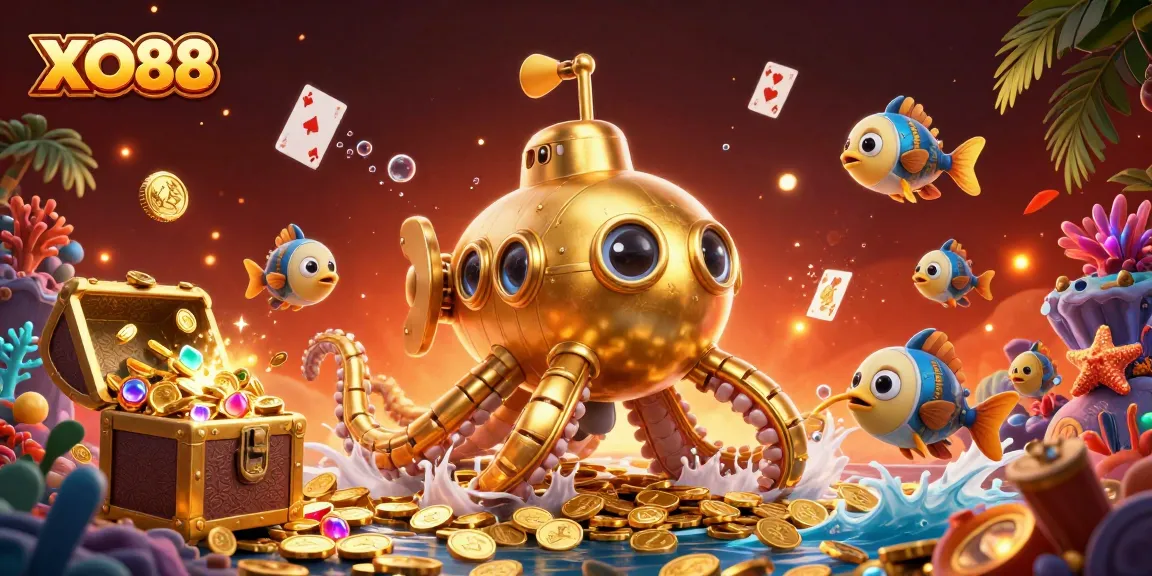 Experience the thrill of XO88 with vibrant cartoons of a golden kraken amidst golden coins.