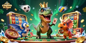 Illustration dynamique d'un nouveau casino en ligne avec un T-Rex joueur, un assistant Ptérodactyle, et un Triceratops, entourés de jeux et de jetons d'or.