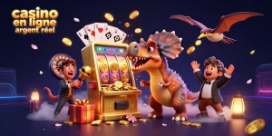 Observez un pachycéphalosaur qui frappe une machine à sous dorée pour gagner des pièces, illustrant le monde fascinant du casino en ligne argent réel.