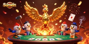 Experience the excitement of Sunwin with a dynamic 3D illustration featuring a golden phoenix and poker elements.