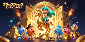 ブラックジャック オンラインカジノでの魅力的なゲームシーンを描いたイラスト