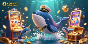Découvrez des jeux passionnants de casino en ligne France avec une scène animée de baleines et de dauphins en action.
