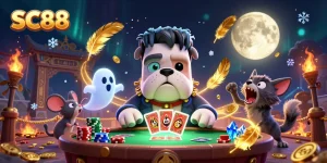 SC88 enhances thrill as a Frankenstein bulldog monster deals cards at a spooky casino table.