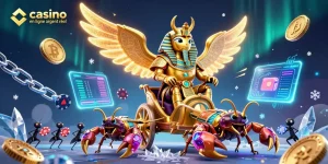 Jouer au casino en ligne argent réel avec une illustration dynamique de scarabée doré et éléments de jeu.
