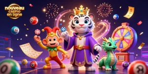 Illustration dynamique d'un nouveau casino en ligne avec un tigre et un singe en pleine action.