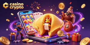 Profitez du casino crypto avec une illustration 3D d'un cookie de fortune, un dragon sage et des éléments de jeux dynamiques.